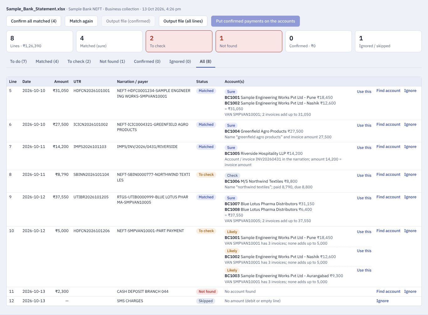 Contact Center: NEFT payment matching to accounts
